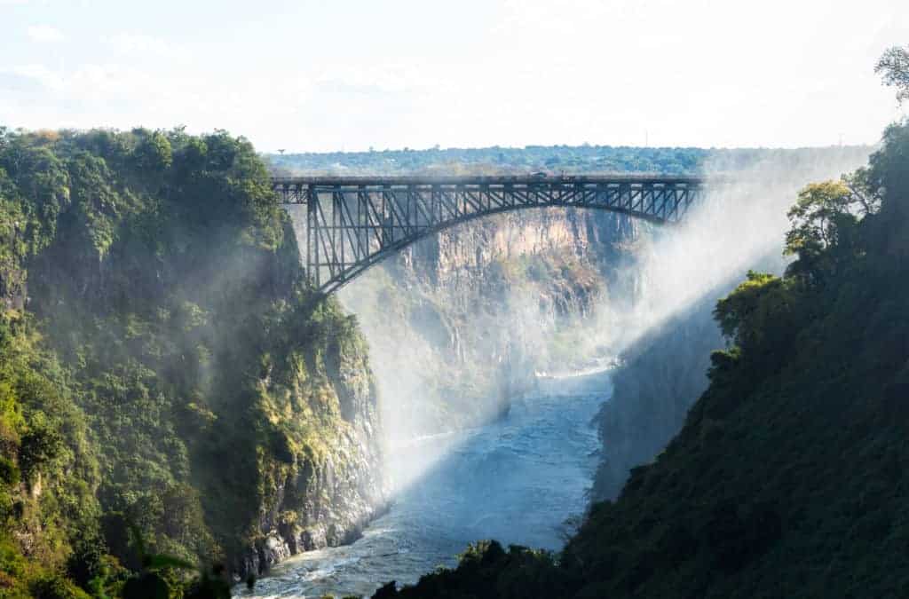 Victoria Falls (or Mosi-oa-Tunya - the Smoke that Thunders) waterfall in southern Africa on the Zambezi River at the border of Zambia and Zimbabwe. Image taken from Zambian side of falls