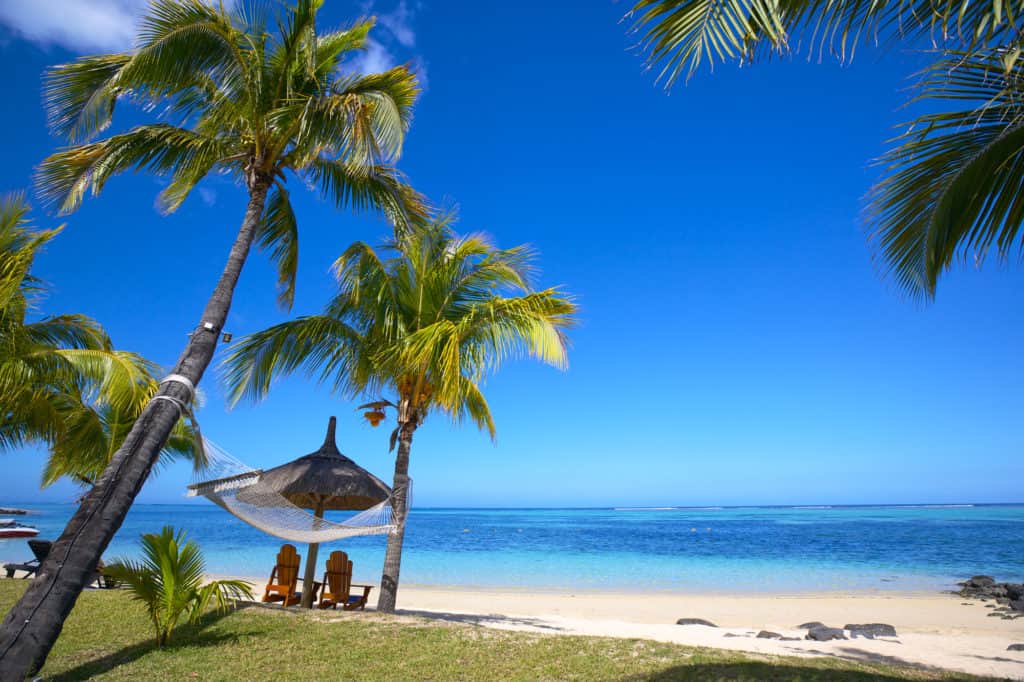 Mauritius beach with chairs and umbrellas